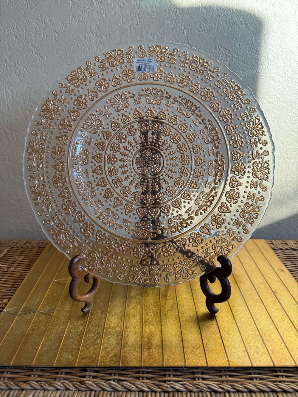 Made in turkey, glass, rose, gold charger, platter, decorative plate